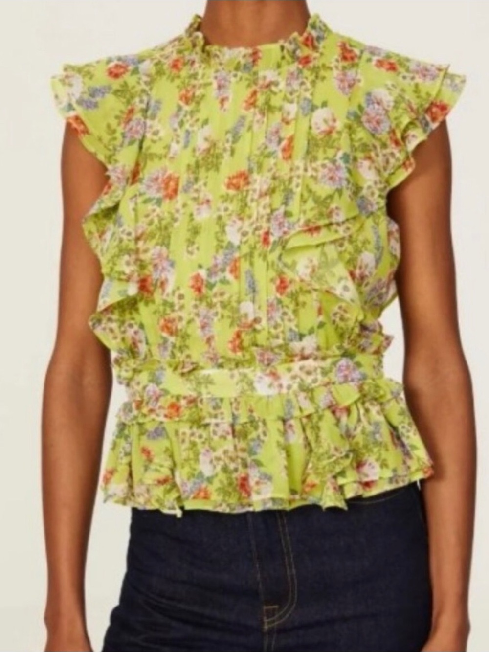 Marissa Webb Green Floral Ruffle Pintuck Blouse